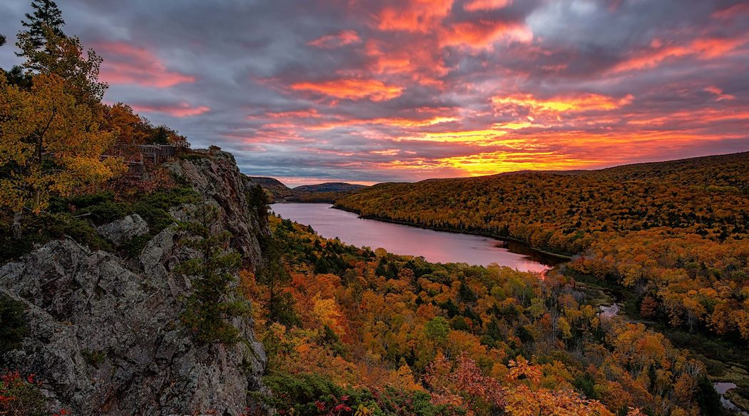 A fiery sunrise over Lake of the Clouds, Porcupine Mountains Sate Park. Michigan's Upper Peninsula
